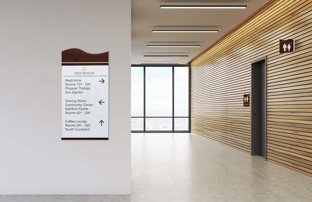 custom interior walnut wayfinding