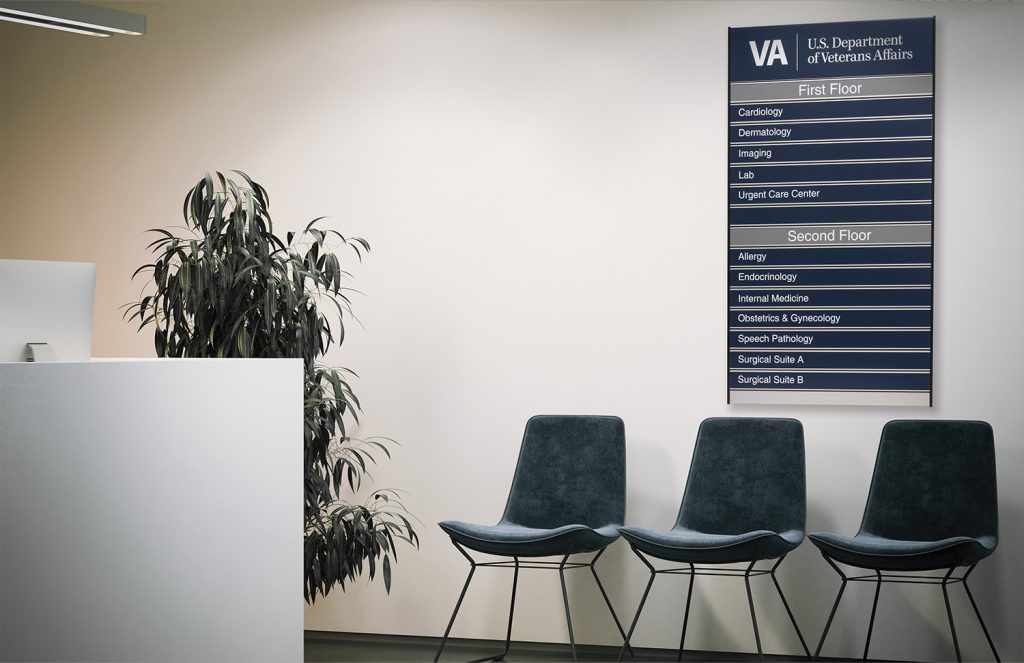 VA waiting room with directional signage